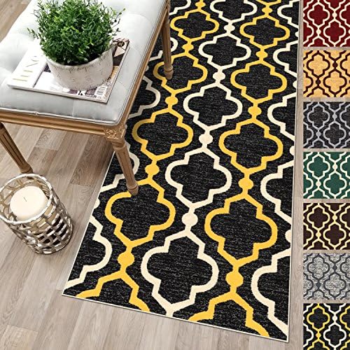 Custom Size 22-inch Wide x 2-feet Long Black & Yellow Moroccan Trellis Rubber Backed Non-Slip Hallway Stair Kitchen Runner Rug Carpet Choose Your Length 22in X 2ft