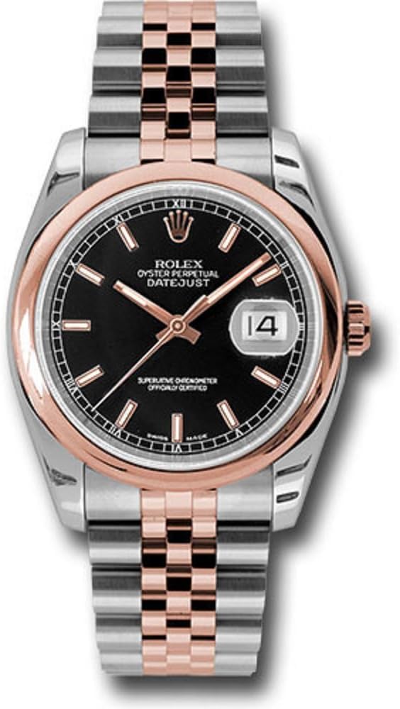Oyster Perpetual Datejust 36mm Stainless Steel Case, 18K Pink Gold Domed Bezel, Black Dial, Index Hour Markers, and Stainless Steel and 18K Pink Gold Jubilee Bracelet.