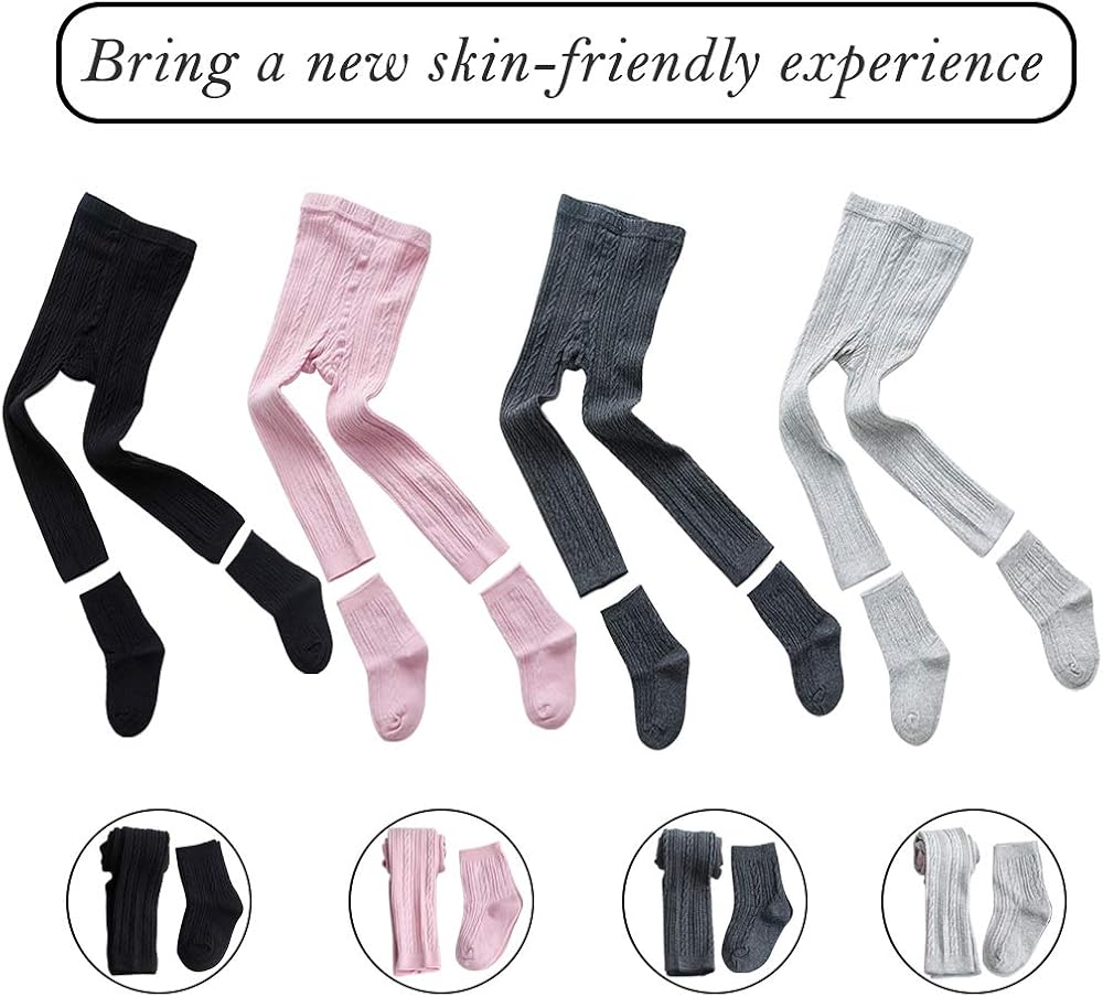 Girls Leggings Baby Toddler Tights Stockings Cable Knit Cotton Pants - 4 Pack Footless Tights & 4 Pairs Socks: Clothing