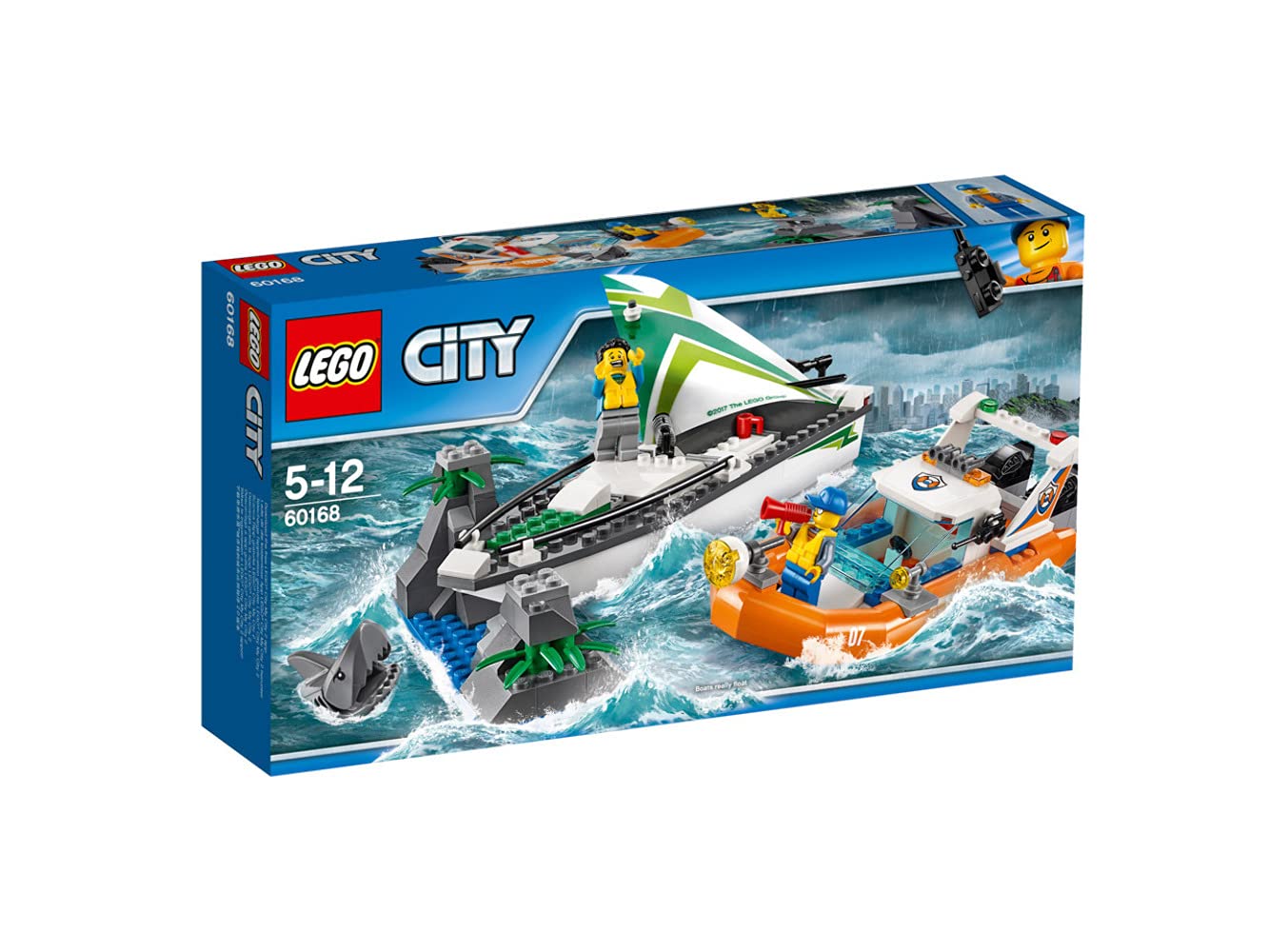 LEGO City 60168 Velero Rescate Juguete de construcción con barcos que realmente flotan. Incluye: bote de rescate de la Guardia Costera, velero, Rock Island, 2 minifiguras y 1 minifigura de tiburón. 195 Piezas. Artículo: 6174681.