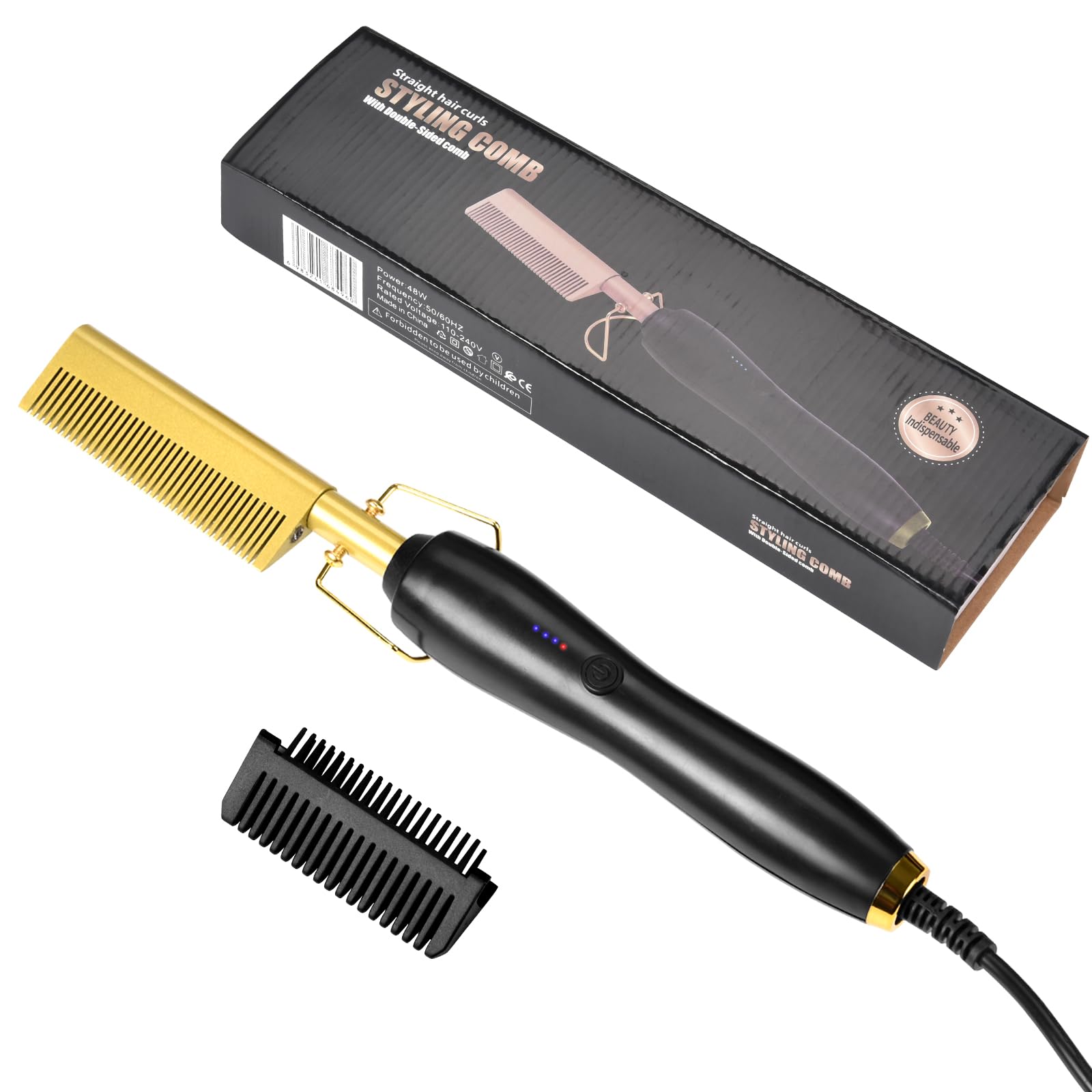 Electric Hot Comb Hair Straightener, Electric Straightening Comb for Wigs, Afro Hair & Beard, Portable Ceramic Beard Straightener Brush Anti-Scald Pressing Combs,Temperature Adjustable, Gold