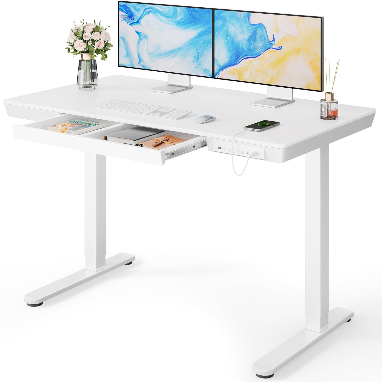 Photo 1 of Marsail Glass Standing Desk with Drawer, 48 x 24 inch Electric Standing Desk,Sit Stand Desk with One-Piece Tabletop & USB Charging Ports, Height Adjustable Desk with Storage for Home & Office Black