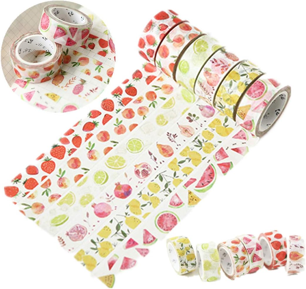 Adorable Kawaii Fruit Design Masking Washi Tape, 6 Rolls Writable Decorative Adhesive Tape for Kids Crafts DIY Gift Wrapping