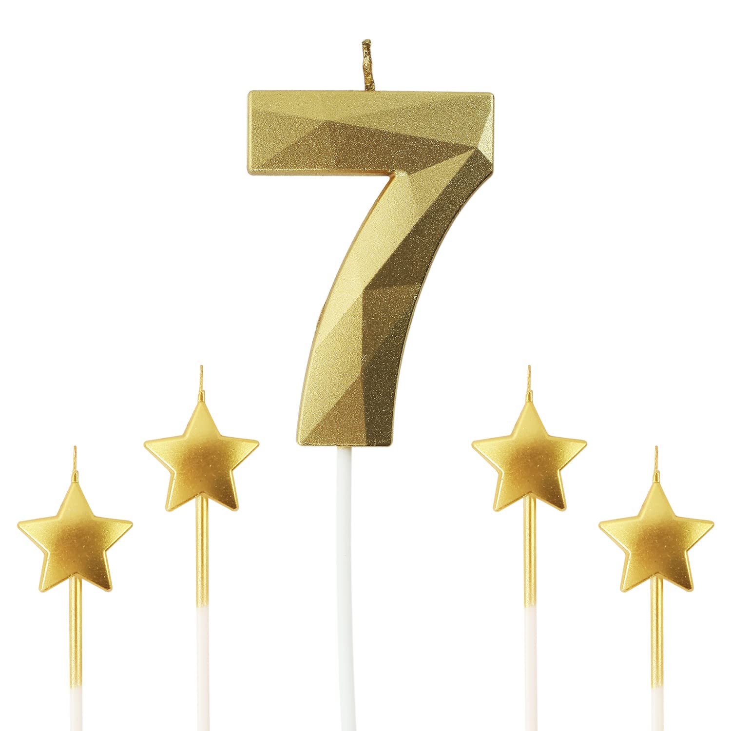 Photo 1 of Golden Number 7 & Star 3D Diamond Shaped Birthday Candles - 2.76 inch, Suitable for Parties & Cake Decorations