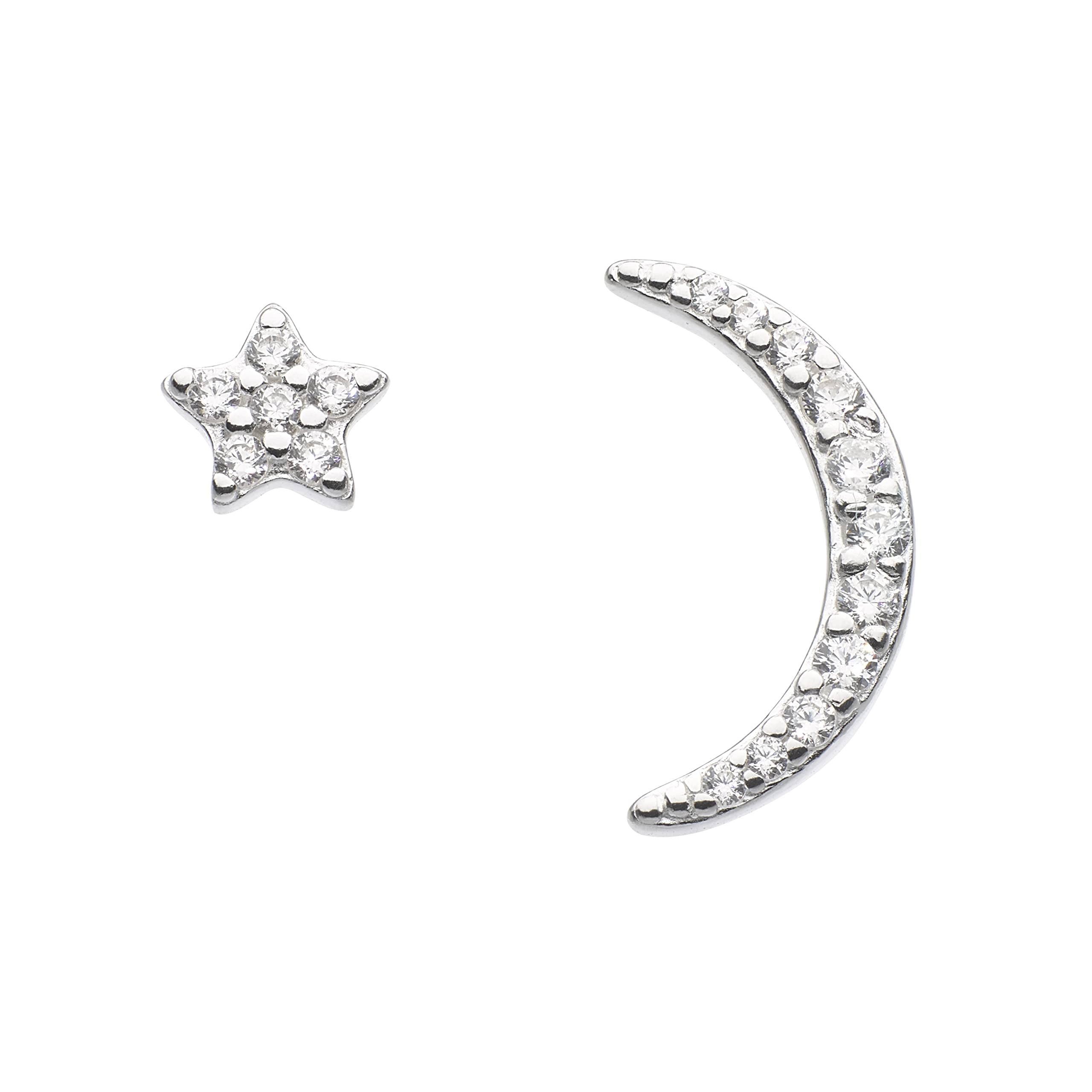 Dew Sterling Silver and Cubic Zirconia Star and Crescent Moon Stud Earrings