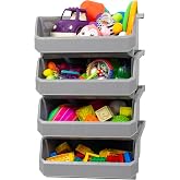 ReadySpace Extra Large Stackable Plastic Storage Bins, 4-Pack, Grey | Open-Front Stackable Bins For Garage, Pantry, Closet &amp; Office, 14,8"L X 16,5"W X 7"H, Nests When Empty, Durable Plastic,