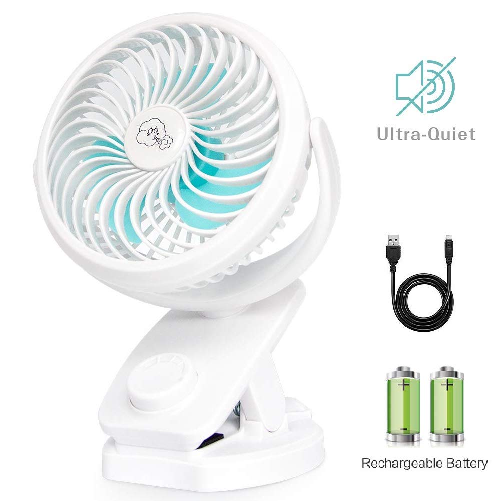 Ausein Mini Clip-on Fan 5000mAh Rechargeable Battery Operated USB Desk Fan Portable Personal Fan Small Quiet Stroller Fan for Home, Office, Travel, Camping, Baby Pram, Pushchairs, Buggy, Car (White)