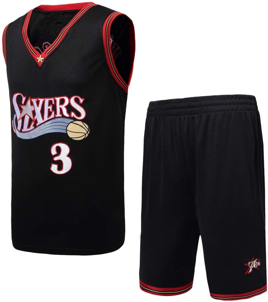 OLIS Men Basketball Uniform Set NBA 76ers #3 Allen Iverson Basketball Jersey Classic Embroidery Basketball Swingman Sleeveless Top&Shorts