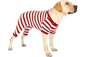 CASLFUCA Dog Pajamas for Large Dogs, Cotton Thermal Dog Pjs Jumpsuit with Cover Legs Christmas Puppy Clothes, Striped Onesie Dog Suit for Small Medium Large Dogs (XXX-Large, Redwhite)