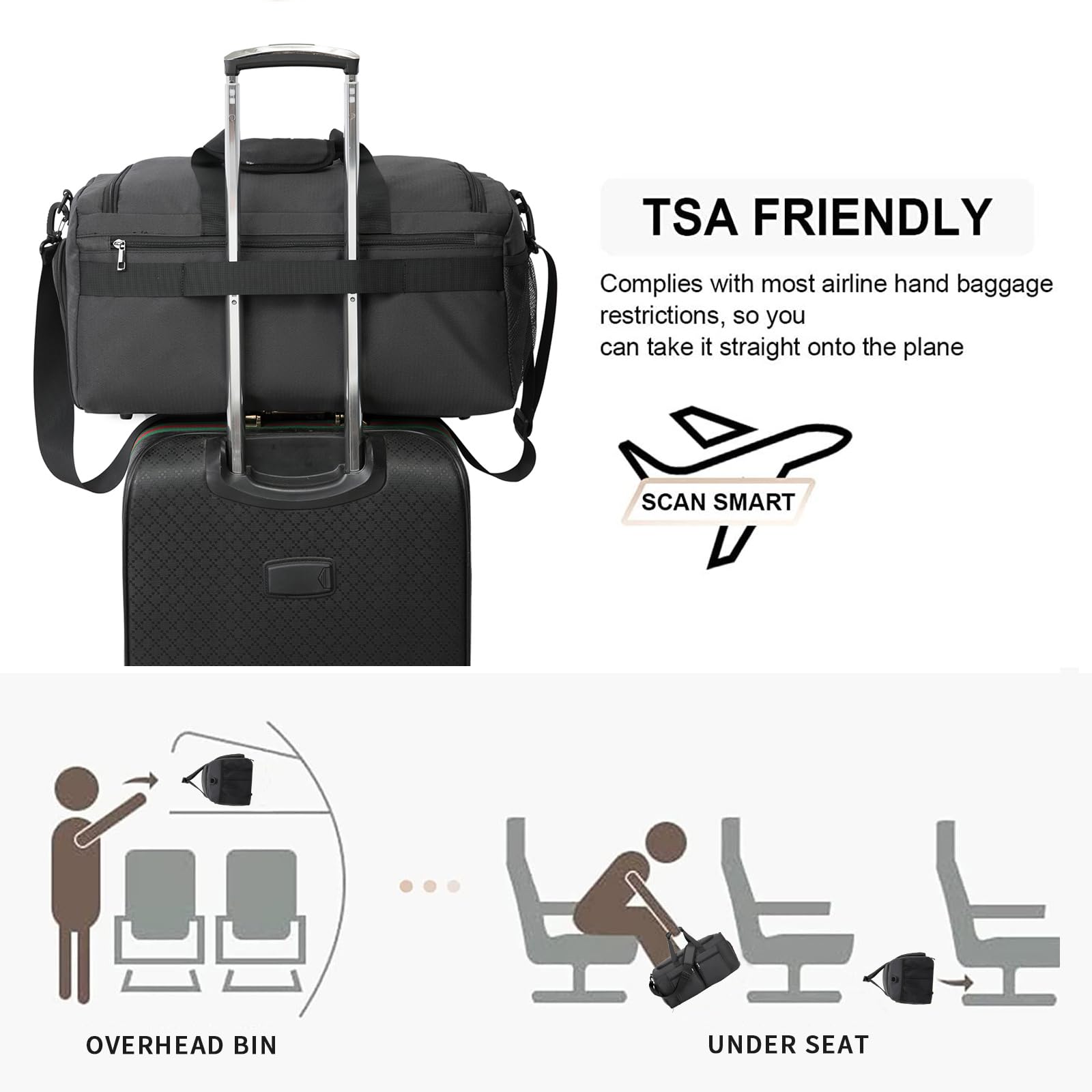 seyfocnia Gym Weekender Bag for Men Women Travel Duffel with Wet Pocket Overnight with Shoe Compartment Carry On Travel Bag Gym Duffle Sports Bag-Black