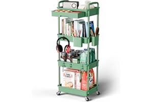 SORGION 4 Tier Rolling Cart Organizer,Art Craft Diaper Bedside Snack Laundry Room Bathroom Organizer Narrow Thin Slim Rolling Trolley Utility Cart with Wheels for Kitchen,Office(Green)