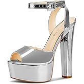 NobleOnly Womens High Block Platform Heel Peep Toe Ankle Strap Sandals Buckle Prom Dress Shoes 5.9 Inches Heels