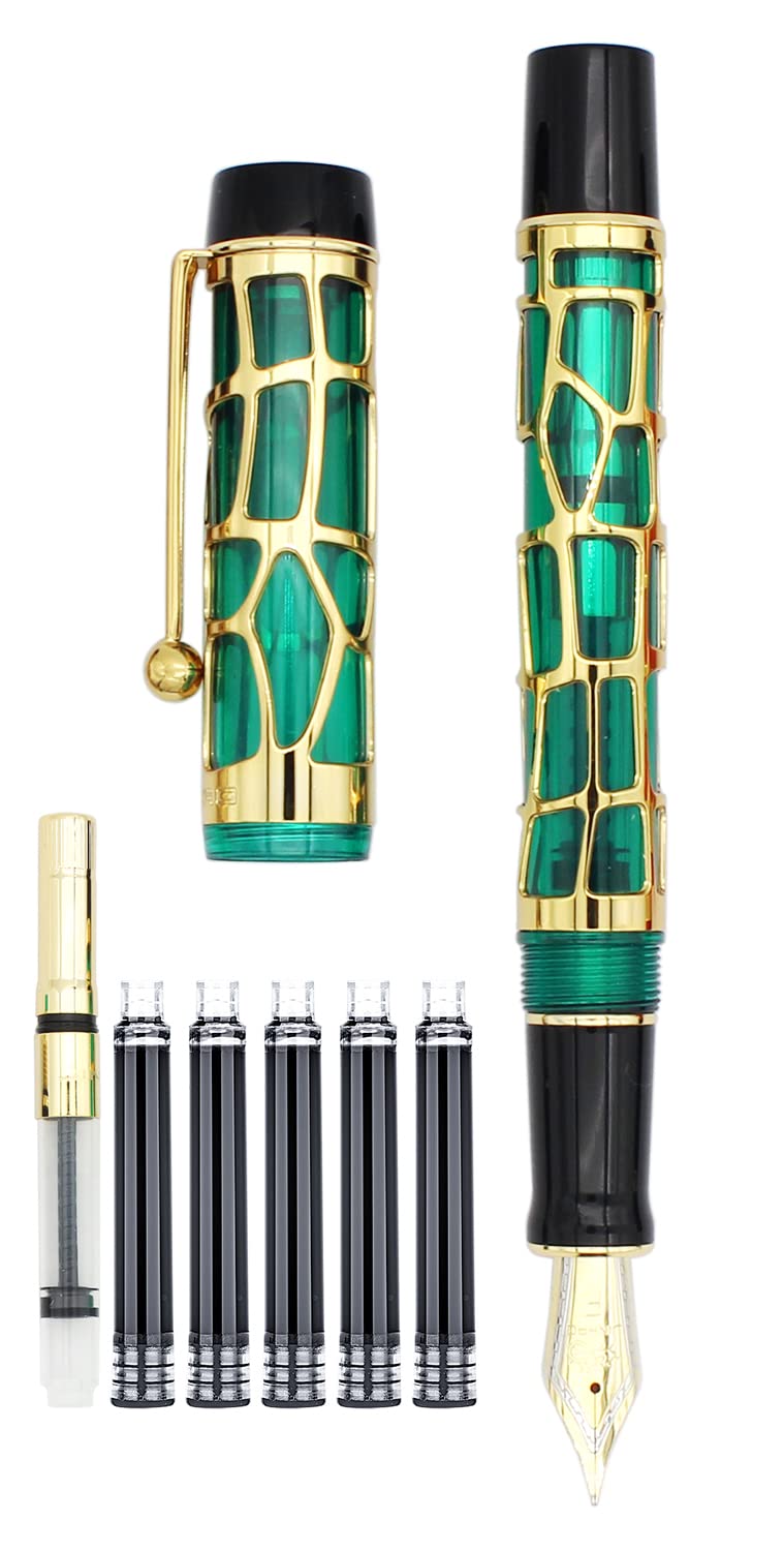 Gullor Century 100 Fountain Pen, Skeleton Hollow-out Series Golden, Screw-Cap, Fine Nib, Transparent Green