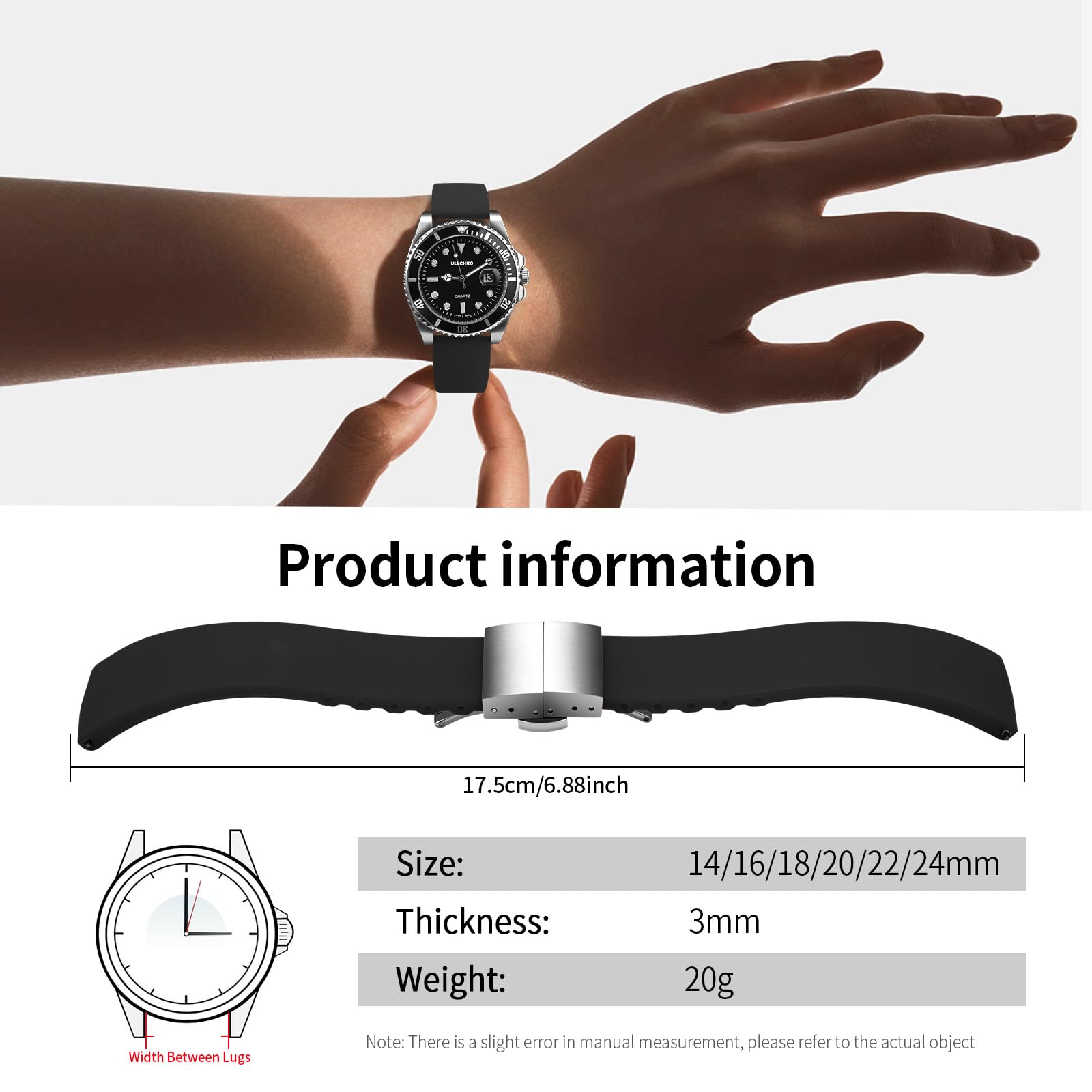 ULLCHRO Silicone Watch Strap Replacement Rubber Watch Band Waterproof - 14mm, 16mm, 18mm, 20mm, 22mm, 24mm Watch Bracelet with Stainless Steel Deployment Buckle