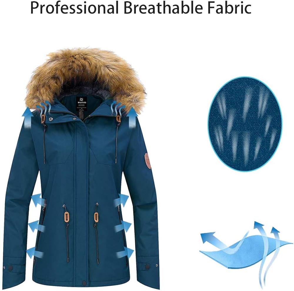 Wantdo Women's Waterproof Ski Jacket Hooded Winter Snow Coat Mountain Snowboarding Jackets Insulated Fleece Parka: Clothing