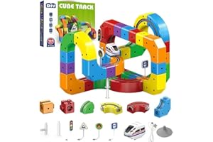 Magnetic Train Set, Rechargeable Track Fusion Train Set, Cube Gravity Track and Flexible Race Track Toy with Signs, Education