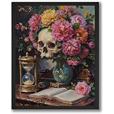 InkFlow Posters Floral Moody Skull Illustration Still Life Canvas Poster - Vintage Moody Skull Illustration With Flowers - Modern Print For Living Room Office Home - 8x10 Unframed Canvas Print