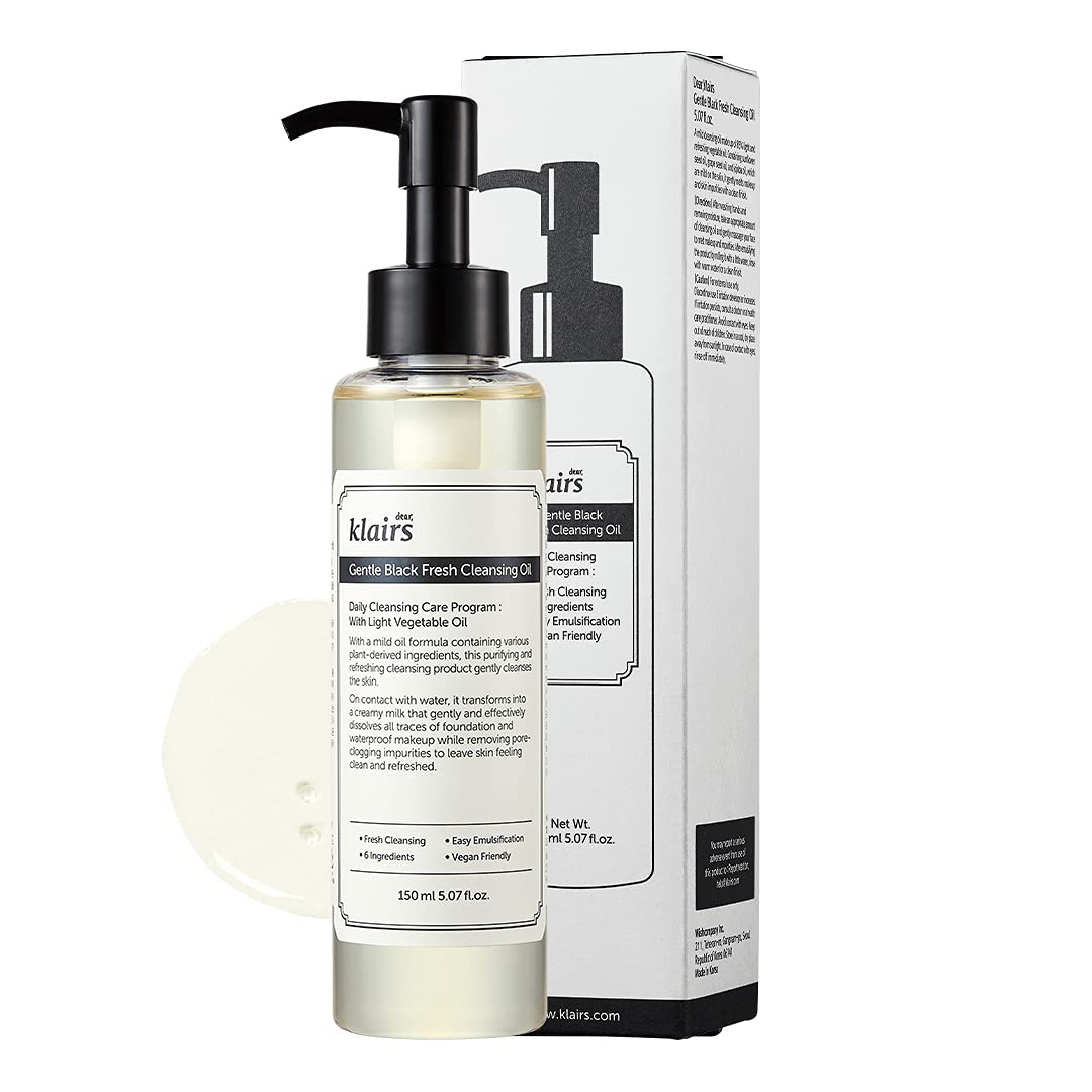 DearKlairs Gentle Black Fresh Cleansing Oil, a light and spreadable texture, only 6 ingredients (5.07 Fl Oz)