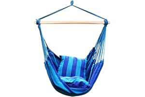 Blissun Hanging Hammock Chair, Hanging Swing Chair with Two Cushions, 34 Inch Wide Seat Blue & Green Stripes (Seaside Stripe)