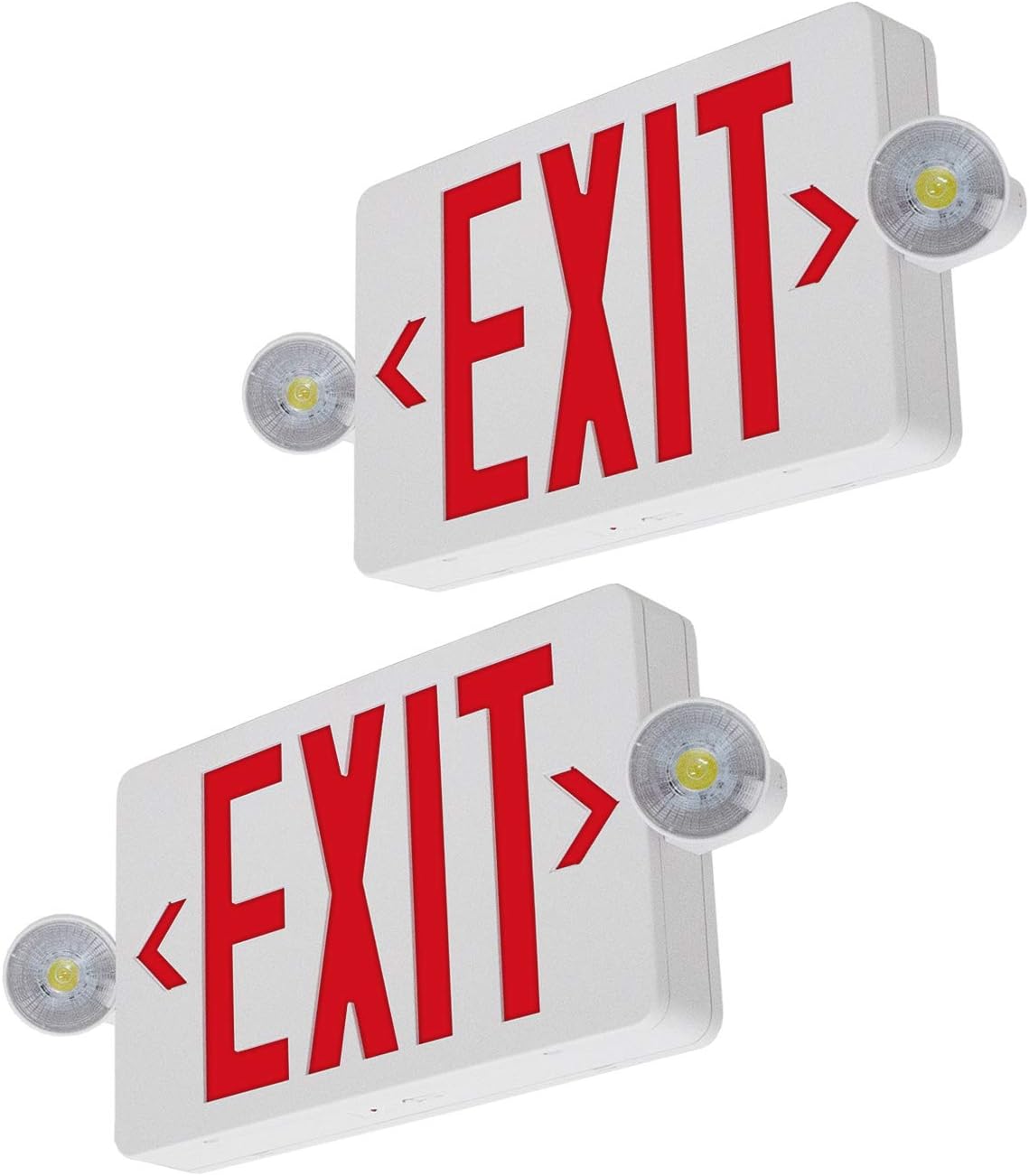 LFI Lights | Compact Combo Red Exit Sign with Emergency Lights | White Housing | All LED | Two Adjustable Round Heads | Hardwired with Battery Backup | UL Listed | (2 Pack) | COMBOJR-R