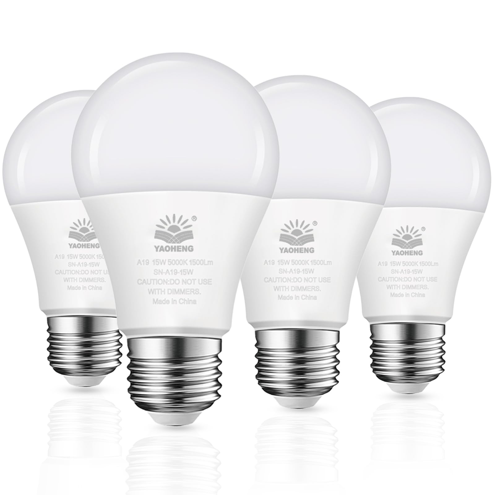 Photo 1 of YAOHENG A19 LED Light Bulb, 100 Watt Equivalent LED Bulbs, 5000K Daylight White, 1500 Lumens, Standard E26 Base, Non-Dimmable 15W Super Bright Light Bulbs for Home, Office Lamp, ETL Listed(4-Pack)