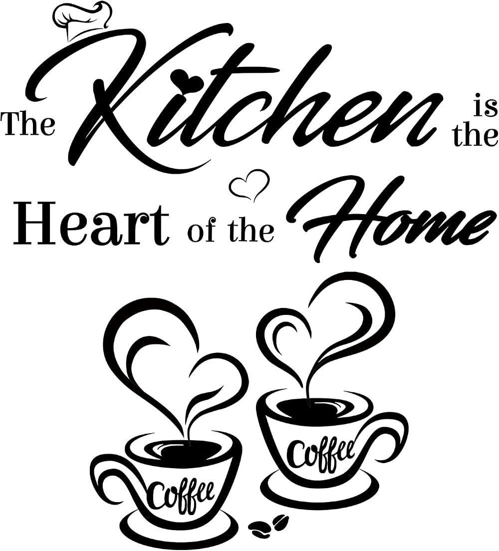 BETESSIN Black Kitchen Wall Art Stickers 'Heart of Home' & Coffee Cups Decals