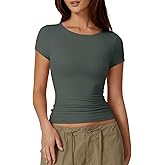 QINSEN Women's Crew Neck Short Sleeve Tees Double Lined Slim Fit T Shirt Basic Y2K Tops