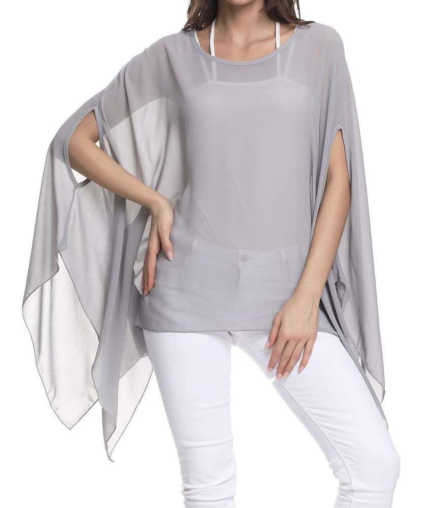 OUKIN Women's Loose Batwing Dolman Sleeve Sheer Chiffon Blouse Shirt Pullover Tunic Tops Grey