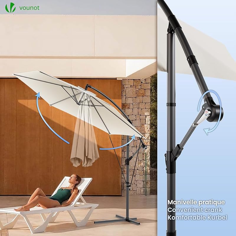 ® 300 cm Parasol Excentrico, Sombrilla de Jardín con Manivela, Funda Protectora y Correa de Fijación, Protección UV, Beige