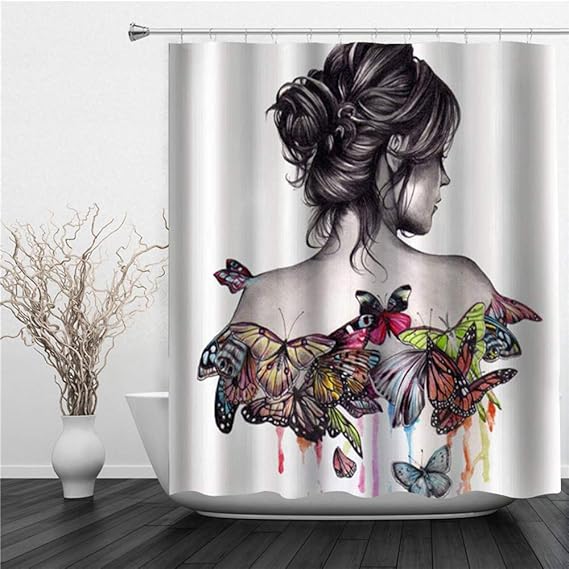 AIMILUX Shower Curtain 180 x 180 cm, Butterfly Girl Oriental Woman