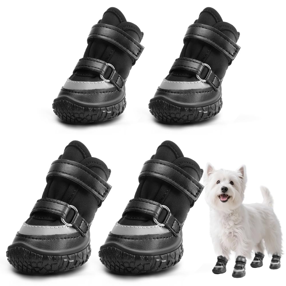 Photo 1 of Dog Shoes for Small Dogs, Breathable Dog Boots Paw Protector for Hot Pavement Winter Snow, Dog Booties with Reflective Strips Rugged Anti-Slip Sole for Hardwood Floors Walking Black Size 2