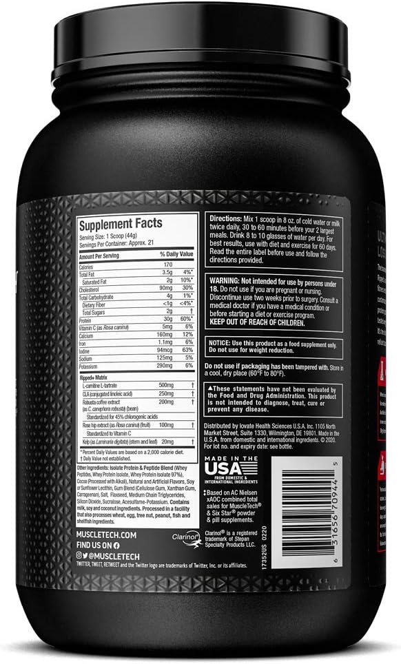 MuscleTech Nitro-Tech Ripped Lean Protein Powder + Weight Loss Formula, Whey Protein Shake Mix, 30 Grams Protein, 6.6g BCAA, Stimulant Free, Tastes Great, Chocolate Brownie, 2 lbs (packaging may vary): Health & Personal Care