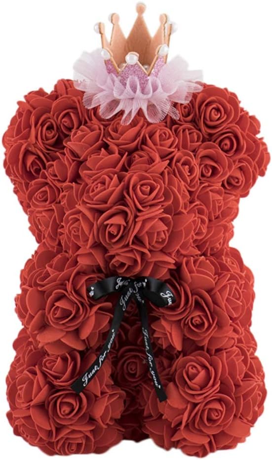 Yalatan Cute Artificial Rose Teddy Bear, Preserved Rose Forever Flower Eternal Rose Teddy Bear with Crown and Ribbon Bow, Romantic Anniversary Birthday Valentine's Day Gift