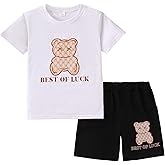 OCMKIC-PZ Boys Clothes 2 Piece Outfits Bear Print Tee and Shorts Outfit Set Teen Boys Summer Clothing Sets Size 7-14 Years