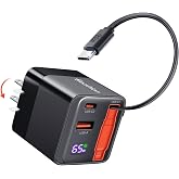 65W Retractable Wall Charger, USB C Charger Block Built-in Type C Cable &amp; Dual Port, PD PPS Fast Charging GaN Power Adapter Travel Charger for MacBook,Lenovo IdeaPad,iPhone 17 Pro Max,Galaxy S24