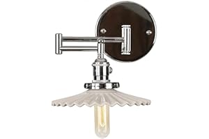 Swing Arm Wall Lamp, Industrial Adjustable Sconce for Bedroom Bedside Living Room, Chrome Finish, Ceramics Shade, Mounted Rea