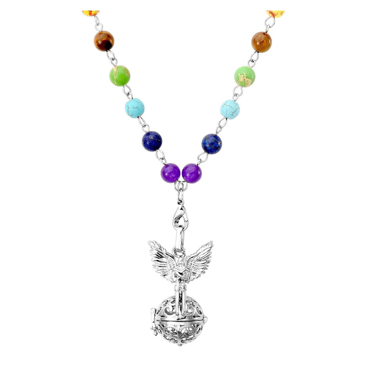 JOVIVI Engelrufer Anhänger Set,Verkündigung Engel Käfig Locket Anhänger 7x Ø 16mm Steinkugeln mit 7 Chakra Halskette