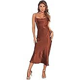 Women's Spaghetti Strap Midi Satin Silk Dresses Slip Cowl Neck Party Cocktail Evening Sexy Dress