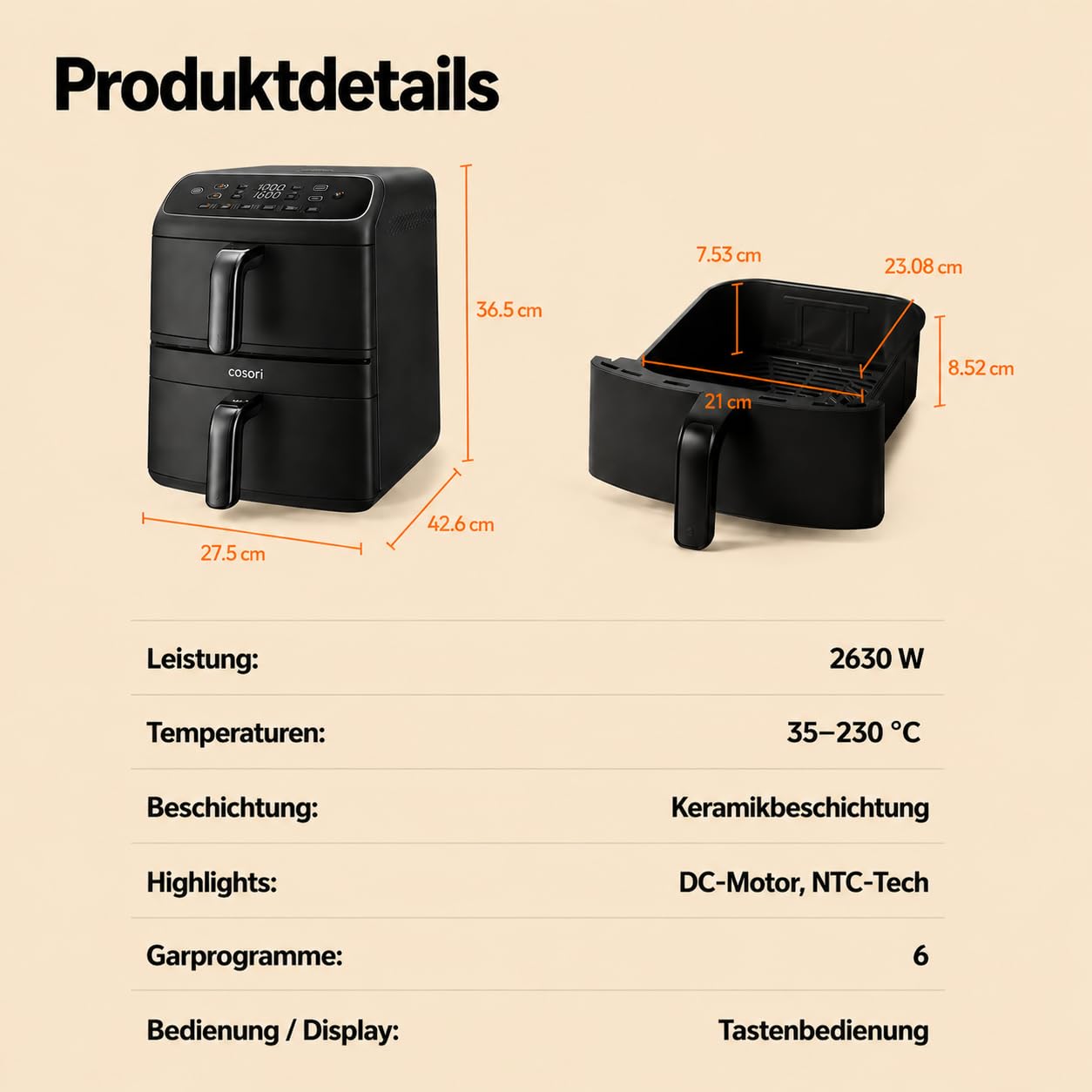 COSORI Airfryer | Turbo Tower Compact | Heißluftfritteuse 2 Kammern Keramikbeschichtung | 8,6L Double Stack mit mehreren Lüfterstufen | 2700W| Schwarz | DC861 3