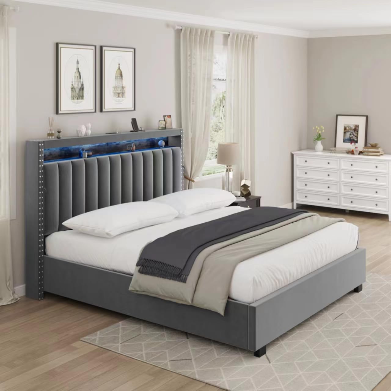 Lift Up Storage Bed Full Size, Luxury Upholstered