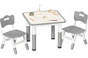 Pterying Kids Table and 2 Chairs Set, Height Adjustable Toddler Table and Chair Set, 23.6" L x 23.6" W Children Multi-Activity Table for Ages 2-8, Graffiti Desktop, Daycare, Classroom, Home (Grey)