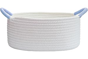 Yimi's Dream Basket for Gifts, Small Cute Shelf Baskets for Babies, Wedding, Birthday, White Rope Baskets with Blue Handle for Home Decor(Oval, 12"x 8"x 5")