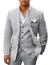 HUUTOE Mens Linen Suits 3 Piece Beach Wedding