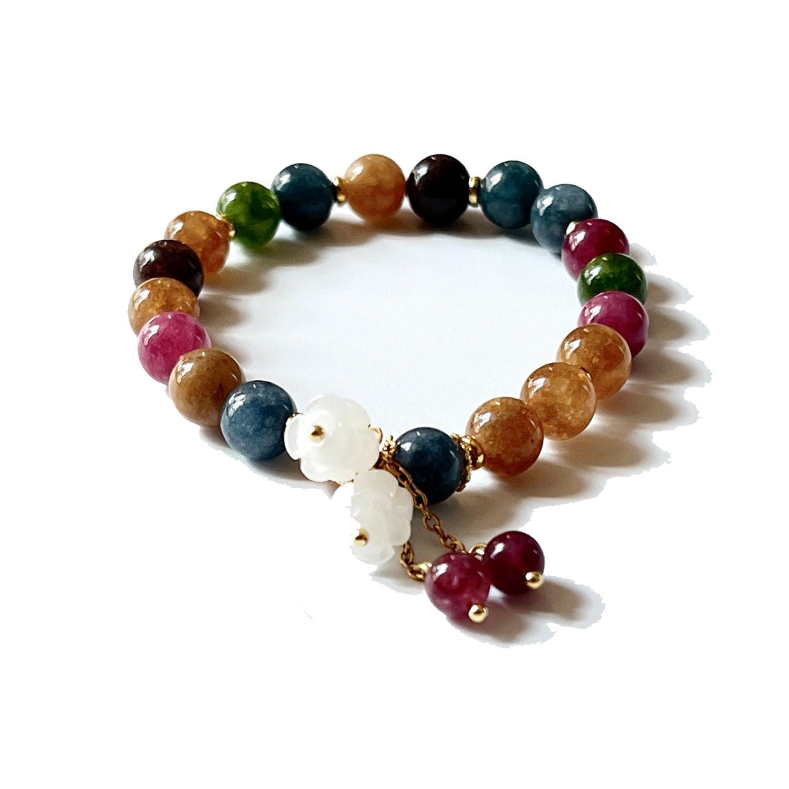 Pendant Charm Bracelet, Hand Carved Lily of the Valley Flower chain Bracelet, Natural Colored Crystal Beaded Flower Charm Bracelet, Good Luck Jade Bead Bracelet for Women