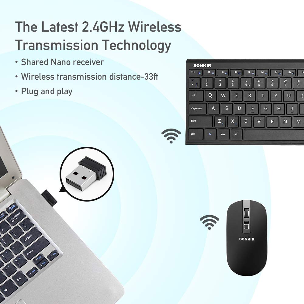 Keyboard Mouse, Sonkir K-18 2.4GHz Ultra Thin Rechargeable Aluminum Full Size Wireless Keyboard Mouse Combo for Windows, Laptop, PC, Notebook (Black)
