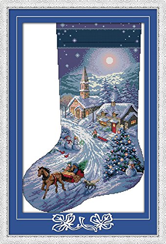 CaptainCrafts New Cross Stitch Kits Patterns Embroidery Kit - Christmas Stockings, Snow View (White)