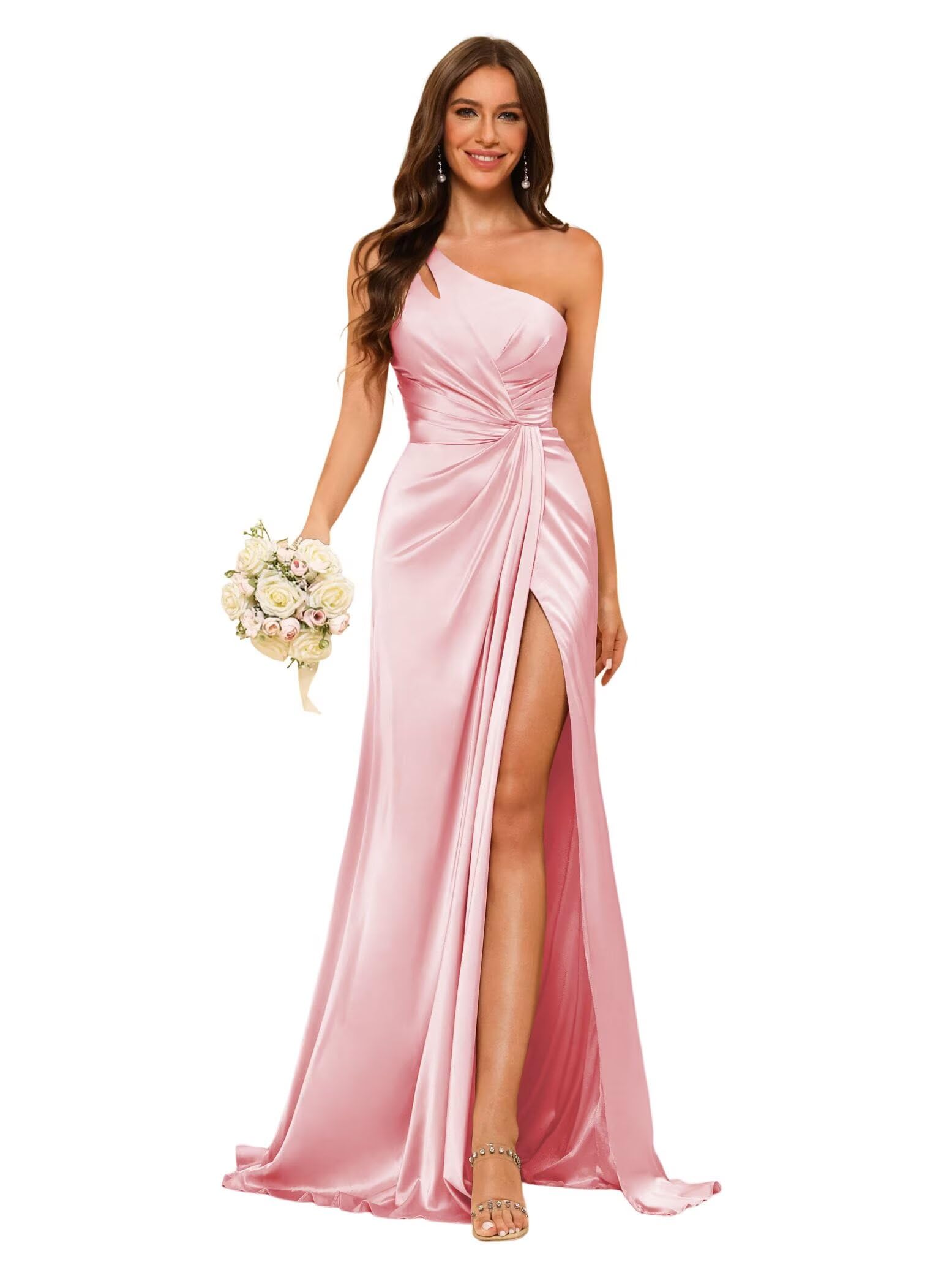 Photo 1 of vintys Simple Womens One Shoulder Satin Bridesmaid Dress Long with Slit Light Pink Plus Size Pleated Mermaid Formal Dress 16W