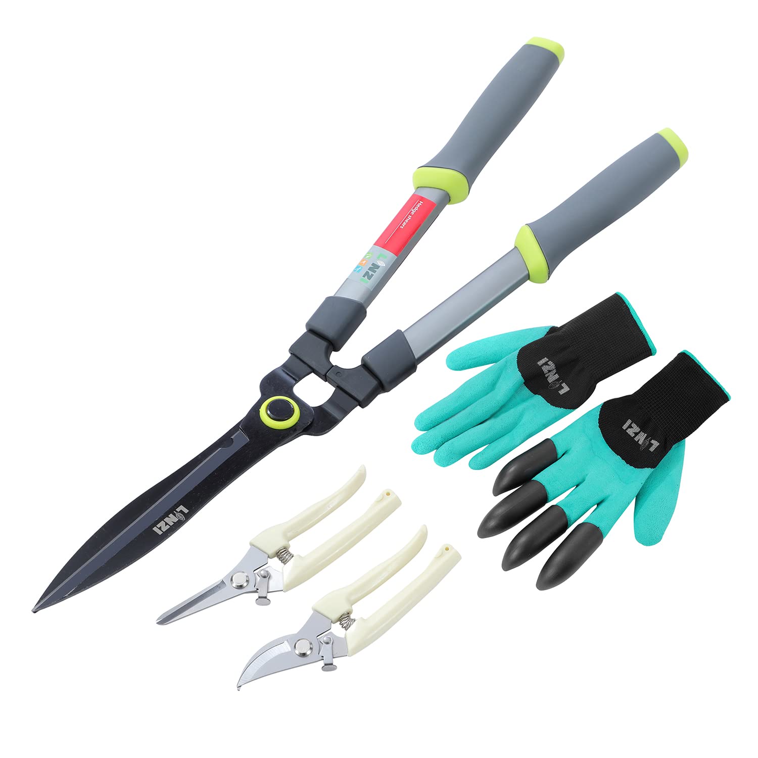 LINZI Garden Shears Set 4PCs, 600mm 24 Inch Hedge Shears Aluminum Handle + 175mm Bypass Secateurs Scissors + 190mm Straight Blade Pruning Shears Snip + Garden Gloves, Gardening Care Kit