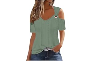 yelldesk Short Sleeve Tops for Women Cute Summer Crochet Eyelet V Neck T Shirts Elegant Trendy Hollow Out Blouses Tunics