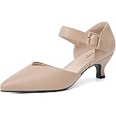 RIBONGZ Comfortable Kitten Heels for Women Pointed Closed Toe Ankle Strap Buckle Heels Slip on Low Heel Church Pumps Wedding Bridal Party Dressy Shoes